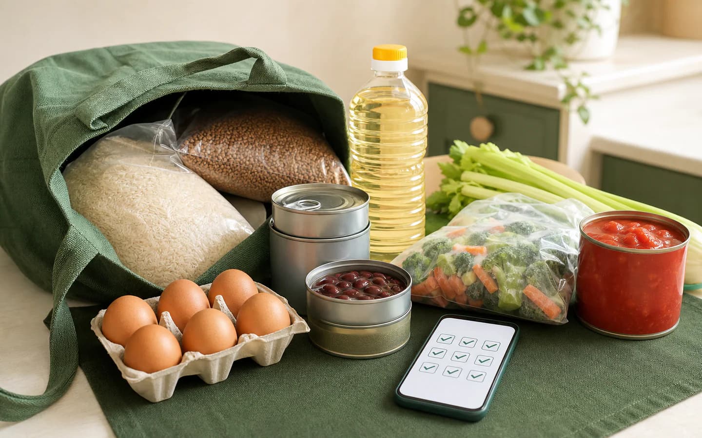 Bazinių maisto produktų krepšelis šalia telefone išsaugoto sąrašo