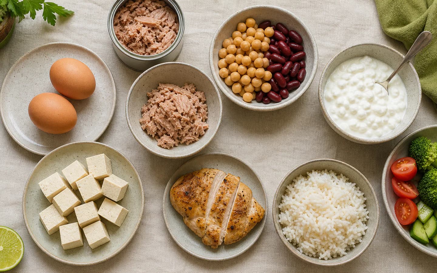 Kasdieniai baltymų šaltiniai: kiaušiniai, tunas, ankštiniai, varškė, tofu ir vištiena