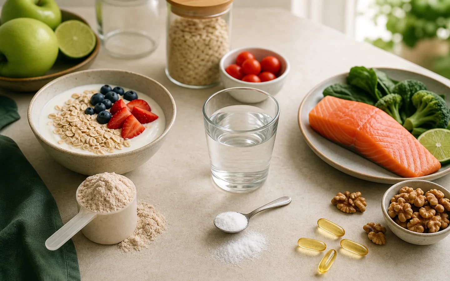 Baltymų miltelių, kreatino ir omega-3 pavyzdžiai šalia įprasto maisto