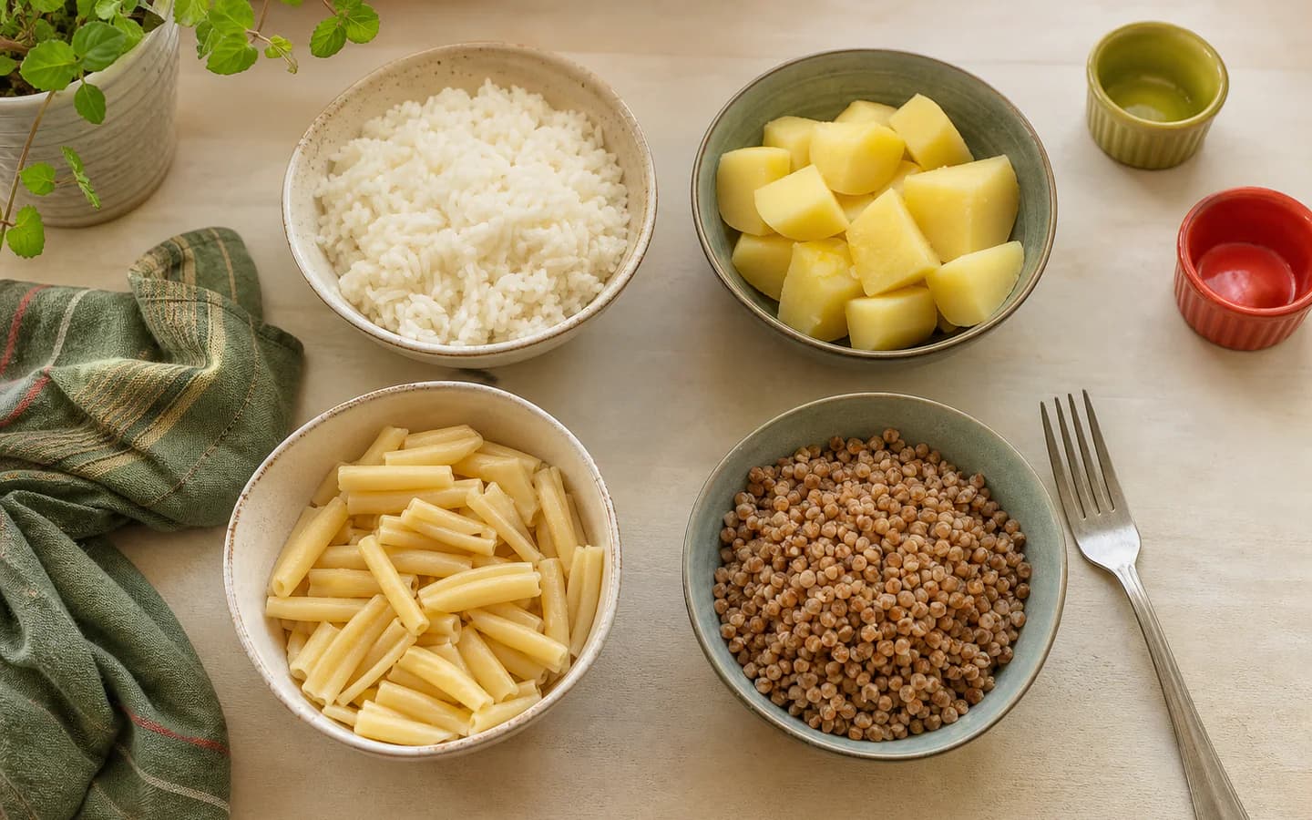 Keturiuose dubenėliuose paruošti ryžiai, bulvės, makaronai ir grikiai