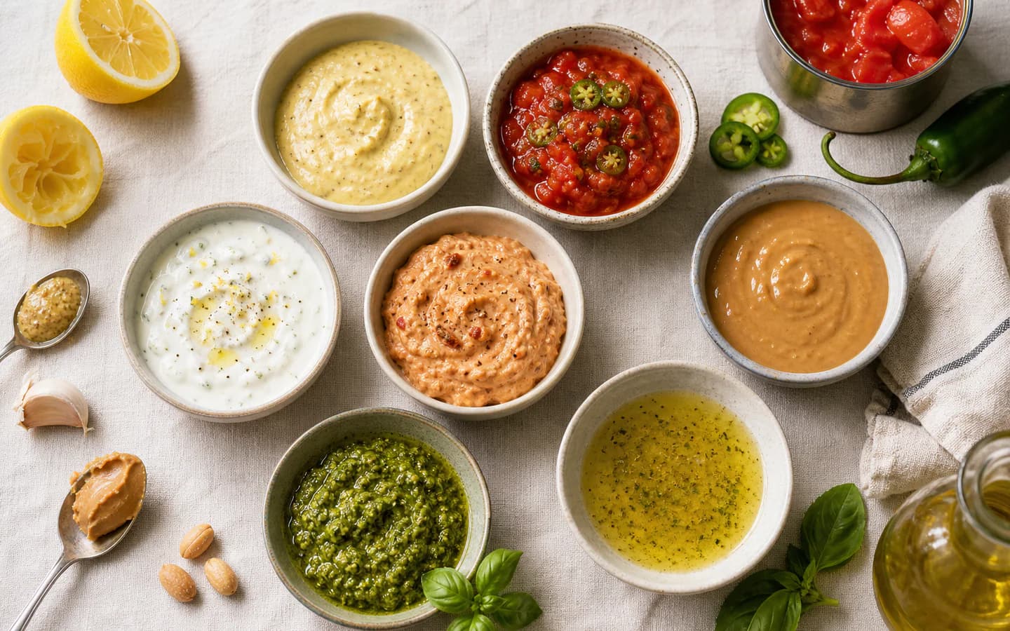 Septyni paprasti padažai dubenėliuose su citrina, jalapenais, pomidorais ir žolelėmis