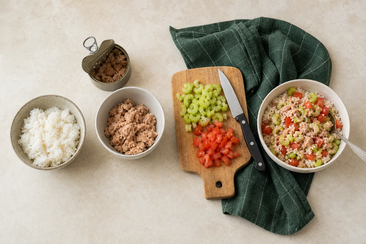 Ryžiai, tunas, pjaustyti salierai ir pomidorai išdėstyti nuo ingredientų iki paruošto dubenėlio
